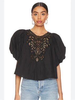 Free People Black Crochet Yoke Puff Sleeve Top